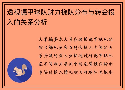 透视德甲球队财力梯队分布与转会投入的关系分析